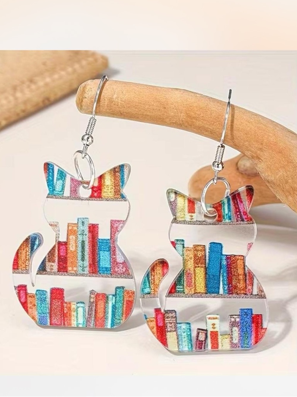 Acrylic Cat Bookshelf Novelty Earrings